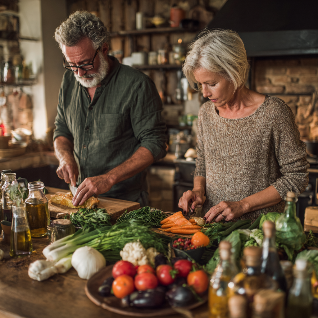 Middle-aged adults preparing fresh natural foods rich in antioxidants and probiotics