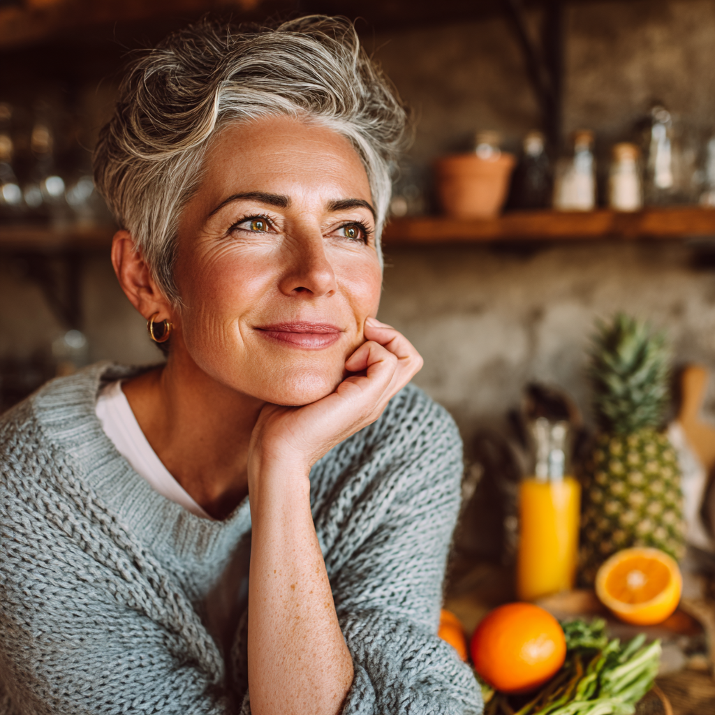 Middle-aged woman with healthy glowing skin enjoying antioxidant-rich foods