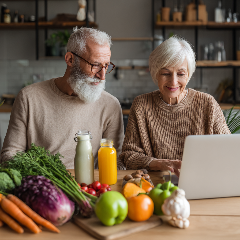 Older adults following healthy daily routine with natural foods and wellness practices